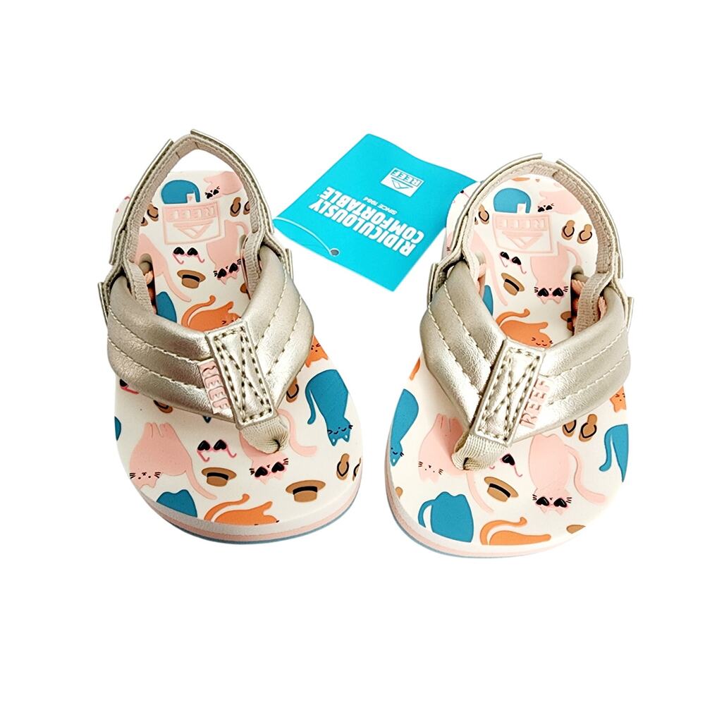 Reef Little Ahi Toddler Sandals Size 4 Gold Cat Print Slip On Summer Beach